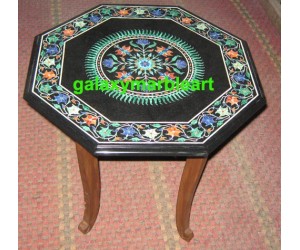 Marble inlay sun flower design black table top BPOC-18134