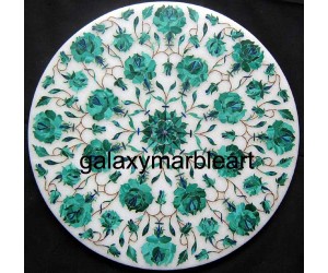 Marble inlay side table top with geometrical design in Malachite stone 12" WP-1207